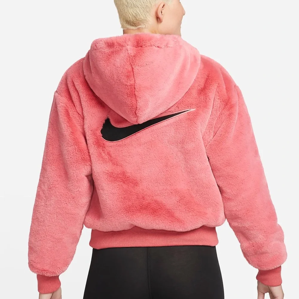 Nike Women’s Faux Fur Sportswear Pink Jacket - Picture 1 of 14